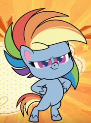 Size: 384x523 | Tagged: safe, derpibooru import, screencap, rainbow dash, pegasus, pony, my little pony: pony life, the mysterious voice, spoiler:pony life s01e33, bipedal, cropped, female, hooves on hips, pose, proud, smiling, solo
