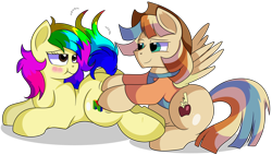 Size: 7900x4500 | Tagged: safe, derpibooru import, oc, oc:rainbow tashie, oc:spicy cider, earth pony, pegasus, pony, blushing, butt, cheek squish, cheeky, clothes, commissioner:bigonionbean, cowboy hat, cutie mark, extra thicc, female, flank, fusion, fusion:spicy cider, hat, husband and wife, male, mare, playing, plot, scrunchy face, squishy cheeks, stallion, stetson, teasing, thicc ass, writer:bigonionbean