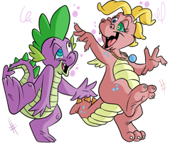 Size: 1024x829 | Tagged: safe, artist:jinkslizard, derpibooru import, spike, dragon, cassie (dragontales), dragon tales, dragoness, drunk, duo, duo male and female, female, male, simple background, transparent background