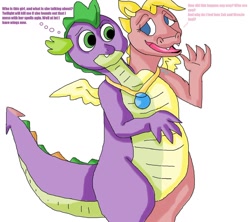 Size: 1280x1139 | Tagged: safe, artist:mojo1985, derpibooru import, spike, dragon, cassie (dragontales), conjoined, dialogue, dragon tales, dragoness, duo, female, fusion, male, multiple heads, simple background, spell gone wrong, two heads, two-headed dragon, wat, white background, winged spike