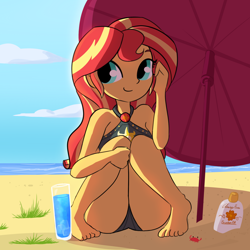 Size: 2250x2250 | Tagged: safe, artist:tjpones, sunset shimmer, crab, equestria girls, barefoot, beach, beach umbrella, clothes, cute, feet, glass, shimmerbetes, sitting, solo, sunscreen, swimsuit