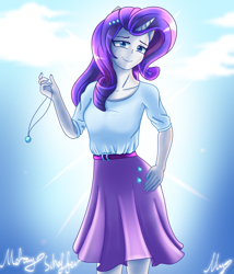 Size: 2100x2450 | Tagged: safe, artist:melanyschaffer, derpibooru import, rarity, unicorn, equestria girls, clothes, cloud, horn, jewelry, looking at you, necklace, ponied up, sky