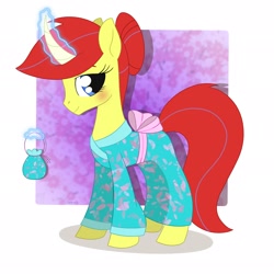 Size: 2048x2048 | Tagged: safe, artist:dyonys, derpibooru import, oc, oc:maya yamato, unicorn, blushing, clothes, curved horn, female, horn, kimono (clothing), magic, mare