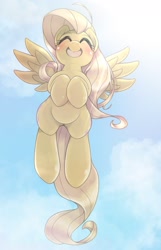 Size: 1269x1968 | Tagged: safe, artist:kurogewapony, derpibooru import, fluttershy, pegasus, pony, blushing, cute, eyes closed, female, flying, hooves to the chest, mare, open mouth, shyabetes, sky