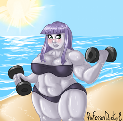 Size: 800x788 | Tagged: safe, artist:professordoctorc, derpibooru import, maud pie, equestria girls, beach, belly button, bikini, blushing, breasts, clothes, dumbbell (object), female, maud pies, musclegut, muscles, muscular female, solo, solo female, strong fat, sweat, swimsuit, thighs, thunder thighs