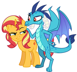 Size: 1024x960 | Tagged: safe, artist:emeraldblast63, derpibooru import, princess ember, sunset shimmer, pony, simple background, transparent background