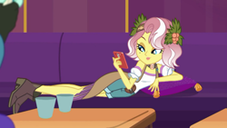 Size: 1366x768 | Tagged: safe, derpibooru import, screencap, vignette valencia, equestria girls, inclement leather, inclement leather: vignette valencia, cellphone, cropped, lounging, offscreen character, phone, pillow, solo, solo focus