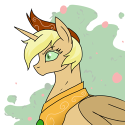 Size: 900x900 | Tagged: safe, artist:pony quarantine, derpibooru exclusive, derpibooru import, applejack, oc, oc only, oc:hyx, oc:sod buster, alicorn, pony, alicornified, jewelry, nightmare applejack, nightmarified, race swap, regalia, response, simple background, solo, white background