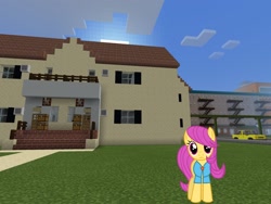 Size: 2048x1536 | Tagged: safe, artist:magister39, artist:topsangtheman, derpibooru import, pursey pink, earth pony, pony, topsangtheman's minecraft server, house, looking at you, minecraft, solo