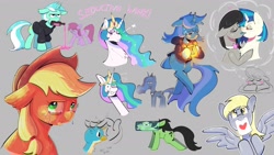 Size: 1920x1080 | Tagged: safe, artist:another_pony, derpibooru import, applejack, berry punch, berryshine, derpy hooves, dj pon-3, gallus, lyra heartstrings, octavia melody, princess celestia, princess luna, vinyl scratch, oc, oc:anon filly, alicorn, earth pony, griffon, pegasus, pony, unicorn, art dump, birb, blushing, clothes, crying, dream, dream bubble, female, filly, floppy ears, gray background, heart, hoodie, kissing, lesbian, long neck, looking at you, luna is not amused, lyra is not amused, lyre, mare, musical instrument, one eye closed, petting, princess necklestia, red eyes, scratchtavia, seductive wink, shipping, siblings, simple background, sisters, spill, spilled drink, teary eyes, text, unamused, wink, winking at you