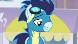 Size: 1280x720 | Tagged: safe, derpibooru import, screencap, soarin', pegasus, pony, rarity investigates, clothes, goggles, male, smiling, solo, stallion, uniform, wonderbolts uniform