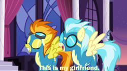 Size: 1280x720 | Tagged: safe, derpibooru import, edit, edited screencap, screencap, misty fly, spitfire, pegasus, pony, rarity investigates, caption, clothes, eyes closed, female, image macro, lesbian, mare, shipping, spitfly, spread wings, text, uniform, wings, wonderbolts uniform