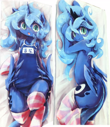 Size: 3995x4608 | Tagged: safe, artist:kolshica, derpibooru import, princess luna, anthro, pony, equestria girls, butt wings, clothes, dakimakura cover, female, one-piece swimsuit, school swimsuit, socks, solo, striped socks, swimsuit, wings