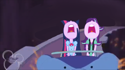 Size: 1920x1080 | Tagged: safe, derpibooru import, edit, edited screencap, screencap, starlight glimmer, twilight sparkle, equestria girls, giant head, open mouth, roller coaster, screaming, sparks, the emperor's new groove, the emperor's new school