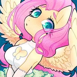 Size: 640x640 | Tagged: safe, artist:bbtasu, derpibooru import, fluttershy, anthro, pegasus, boob window, breasts, cleavage, cute, eye clipping through hair, female, hootershy, looking at you, mare, shyabetes, solo