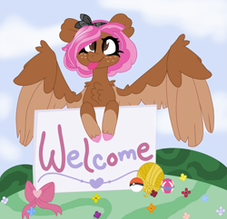 Size: 4089x3959 | Tagged: safe, artist:moonlight243234, derpibooru import, oc, oc only, oc:moxie, pegasus, pony, chest fluff, female, mare, sign, solo, tongue out, yarn, yarn ball