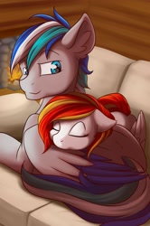 Size: 1280x1932 | Tagged: safe, artist:melodisde, derpibooru import, oc, oc only, oc:diamond sun, oc:hawker hurricane, pegasus, pony, commission, cute, ear fluff, female, fireplace, male, mare, oc x oc, pegasus oc, shipping, sleeping, sofa, stallion, wings