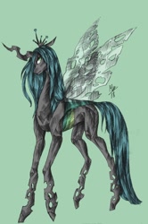 Size: 1024x1542 | Tagged: safe, artist:just-rat, derpibooru import, queen chrysalis, changeling, changeling queen, female, green background, simple background, solo