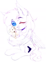 Size: 1352x1818 | Tagged: safe, artist:astralblues19, derpibooru import, oc, oc:pestyskillengton, dog, pegasus, pony, cute, ear fluff, fluffy, happy, holding, hug, one eye closed, pegasus oc, pegasus wings, sketch, wings, wink