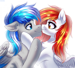 Size: 1920x1745 | Tagged: safe, artist:hakaina, derpibooru import, oc, oc only, oc:diamond sun, oc:hawker hurricane, pegasus, pony, commission, cute, female, love, male, mare, nuzzling, oc x oc, shipping, simple background, stallion, white background, wings, ych result