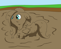 Size: 2000x1600 | Tagged: safe, artist:amateur-draw, derpibooru import, fluttershy, pegasus, pony, 90s grunge fluttershy, baseball cap, cap, clothes, covered in mud, female, hat, mare, messy, mud, mud bath, muddy, simple background, skirt, solo