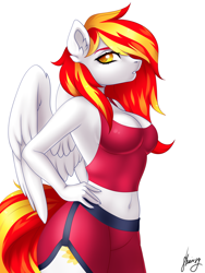 Size: 3000x4000 | Tagged: safe, artist:skairsy, derpibooru import, oc, oc only, oc:diamond sun, anthro, pegasus, anthro oc, armpits, belly button, breasts, clothes, ear fluff, female, hand on hip, looking at you, mare, pegasus oc, simple background, solo, spread wings, tanktop, white background, wings, workout