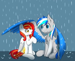 Size: 1499x1212 | Tagged: safe, artist:noxi1_48, derpibooru import, oc, oc only, oc:diamond sun, oc:hawker hurricane, pegasus, pony, cute, female, gif, male, mare, oc x oc, pegasus oc, rain, shipping, simple background, sitting, spread wings, stallion, wing umbrella, wings, ych example, your character here