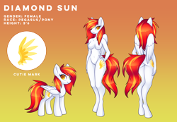 Size: 4766x3291 | Tagged: safe, artist:scarlet-spectrum, derpibooru import, oc, oc only, oc:diamond sun, anthro, pegasus, pony, belly button, commission, cutie mark, female, hand on hip, mare, reference sheet, solo, wings