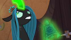 Size: 1920x1080 | Tagged: safe, derpibooru import, screencap, queen chrysalis, changeling, changeling queen, the ending of the end, bell, bewitching bell, female, solo