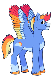 Size: 1024x1500 | Tagged: safe, artist:malphym, derpibooru import, oc, oc:sunny skies, pegasus, pony, colored wings, magical lesbian spawn, male, multicolored wings, offspring, parent:applejack, parent:rainbow dash, parents:appledash, simple background, solo, stallion, transparent background, wings