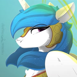 Size: 1021x1021 | Tagged: safe, artist:therealf1rebird, derpibooru import, princess celestia, alicorn, pony, alternate hairstyle, armor, female, halo, horn, looking back, solo, warrior, warrior celestia, wings