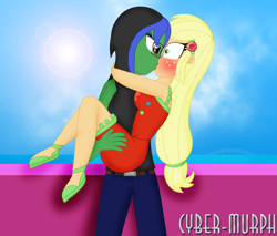 Size: 2064x1760 | Tagged: safe, artist:cyber-murph, derpibooru import, applejack, surprise, oc, oc:lightning voice, better together, equestria girls, spring breakdown, beret, canon x oc, carrying, clothes, female, geode of super strength, glasses, hat, jeans, kissing, lesbian, magical geodes, pants, ponytail, signature, surprise kiss, tanktop