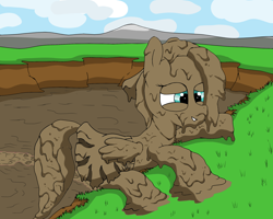 Size: 2000x1600 | Tagged: safe, artist:amateur-draw, derpibooru import, fluttershy, pegasus, pony, 90s grunge fluttershy, baseball cap, cap, clothes, covered in mud, crawling, female, hat, mare, messy, mud, mud bath, muddy, simple background, skirt, smiling, solo, tired, wet and messy