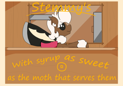 Size: 1700x1200 | Tagged: safe, artist:stemthebug, derpibooru import, oc, oc only, oc:stem bedstraw, hybrid, moth, mothpony, original species, pony, advertisement, restaurant, solo