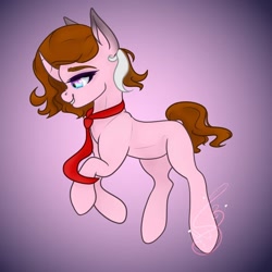 Size: 938x938 | Tagged: safe, artist:nel_liddell, derpibooru import, oc, oc only, pony, unicorn, curved horn, ear piercing, earring, gradient background, horn, jewelry, necktie, piercing, signature, solo, unicorn oc