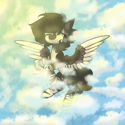 Size: 1080x1080 | Tagged: safe, artist:nel_liddell, derpibooru import, oc, oc only, pegasus, pony, cloud, flying, one eye closed, pegasus oc, solo, two toned wings, wings, wink