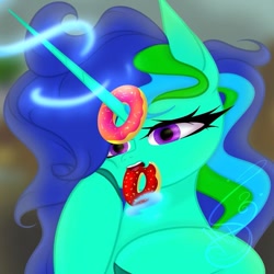 Size: 771x770 | Tagged: safe, artist:nel_liddell, derpibooru import, oc, oc only, pony, unicorn, bust, cute, donut, eyelashes, food, glowing horn, horn, horn impalement, mouth hold, signature, solo, unicorn oc