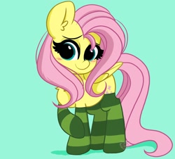 Size: 1800x1630 | Tagged: safe, artist:kittyrosie, derpibooru import, fluttershy, pegasus, pony, blushing, clothes, cute, female, green background, mare, shyabetes, simple background, socks, solo, striped socks