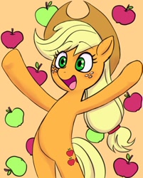 Size: 1264x1576 | Tagged: safe, artist:haibaratomoe, derpibooru import, applejack, earth pony, pony, apple, bipedal, cute, female, jackabetes, mare, open mouth, orange background, simple background, smiling, solo, that pony sure does love apples