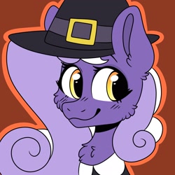 Size: 2048x2048 | Tagged: safe, derpibooru import, oc, oc only, oc:aether naut, earth pony, pony, bust, chest fluff, clothes, earth pony oc, female, hat, mare, orange background, simple background, smiling, solo