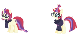 Size: 1159x540 | Tagged: safe, artist:browniesucks-verse, derpibooru import, moondancer, pony, unicorn, clothes, female, glasses, mare, redesign, scarf, simple background, solo, sweater, white background