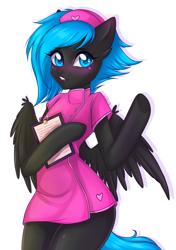 Size: 2039x2894 | Tagged: artist needed, safe, derpibooru import, oc, oc only, oc:blackout, pegasus, semi-anthro, blushing, female, mare, nurse, spread wings, wings