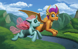 Size: 1750x1109 | Tagged: safe, artist:zevironmoniroth, derpibooru import, ocellus, smolder, changedling, changeling, dragon, cute, diaocelles, duo, flying, forest, mountain, open mouth, river, scenery, signature, smiling, smolderbetes, tree