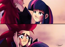 Size: 4096x2978 | Tagged: safe, artist:ringteam, derpibooru import, tempest shadow, twilight sparkle, human, my little pony: the movie, blushing, crying, female, humanized, lesbian, shipping, smiling, teary eyes, tempestlight