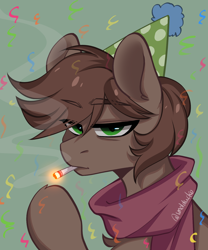 Size: 1190x1432 | Tagged: safe, artist:cottonsweets, derpibooru import, oc, oc:brewer, oc:noble brew, earth pony, birthday, birthday gift art, ciggarette, clothes, confetti, dirty smoker, gift art, happy birthday, hat, party hat, scarf, simple background, smoking, solo