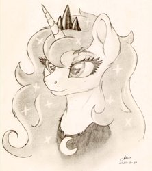 Size: 1600x1800 | Tagged: safe, artist:awalex, derpibooru import, princess luna, alicorn, pony, bust, cheek fluff, chest fluff, ear fluff, female, mare, monochrome, pencil drawing, portrait, simple background, solo, traditional art, white background