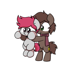 Size: 2500x2500 | Tagged: safe, artist:sugar morning, derpibooru import, oc, oc:brewer, oc:noble brew, oc:rose red, earth pony, pony, adorkable, commission, cute, dork, german, holding, holding a pony, lil baby man, simple background, smol, transparent background, ych result