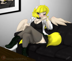 Size: 1200x1024 | Tagged: safe, artist:miniferu, derpibooru import, oc, anthro, pegasus, advertisement, casting couch, clothes, commission, female, patreon, solo