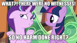 Size: 888x499 | Tagged: safe, derpibooru import, edit, edited screencap, screencap, starlight glimmer, twilight sparkle, twilight sparkle (alicorn), alicorn, pony, unicorn, the crystalling, caption, duo, image macro, shrug, text, train