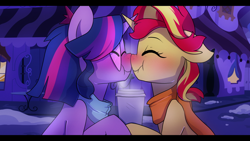 Size: 1280x720 | Tagged: safe, artist:little-tweenframes, derpibooru import, sci-twi, sunset shimmer, twilight sparkle, pony, series:sciset diary, blushing, boop, clothes, coffee, cup, cute, deleted from derpibooru, eyes closed, female, floppy ears, horns are touching, lesbian, nose wrinkle, noseboop, nuzzling, ponified, scarf, scitwishimmer, scrunchy face, shimmerbetes, shipping, smiling, snow, sunsetsparkle, twiabetes, window